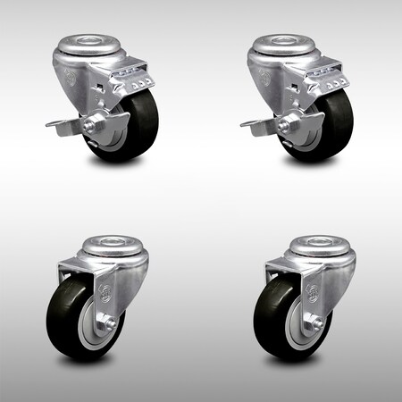 Service Caster 3.5 Inch SS Black Polyurethane Wheel Swivel Bolt Hole Caster Set with 2 Brake SCC-SSBH20S3514-PPUB-BLK-TLB-2-S-2